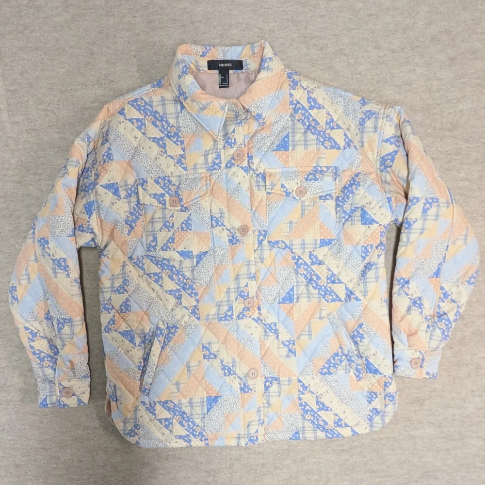 Forever 21 Pastel Quilted Puffer Jacket Oversized Spring Floral Barn Quilt Sz S - Picture 1 of 9